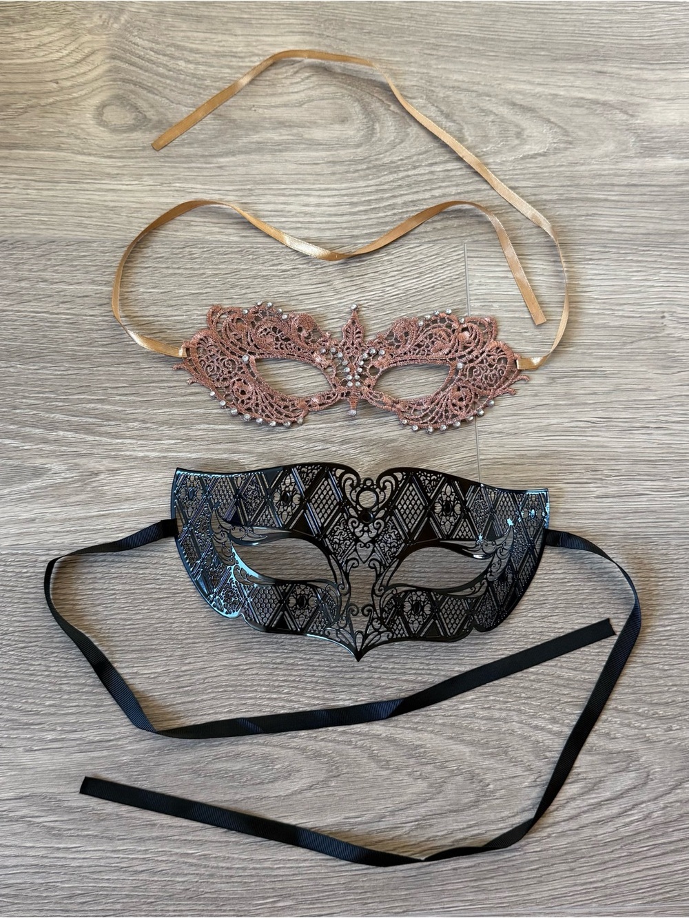 2 Adult Adjustable Masquerade Masks: Rose Gold Rhinestone & Black Laser Cut